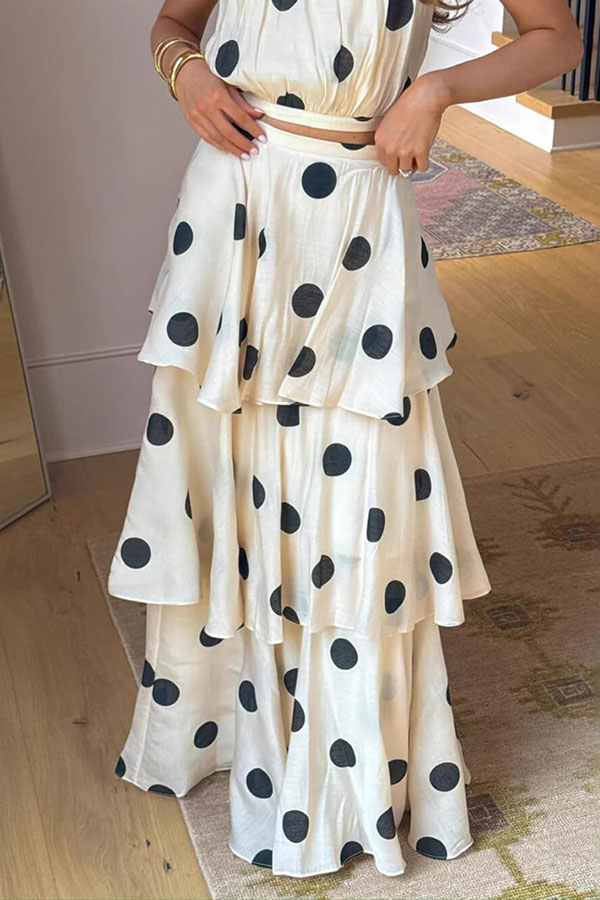 Gift To You Polka Dot Print High Neck Sleeveless Top and Layered Hem Maxi Skirt Set-consonak