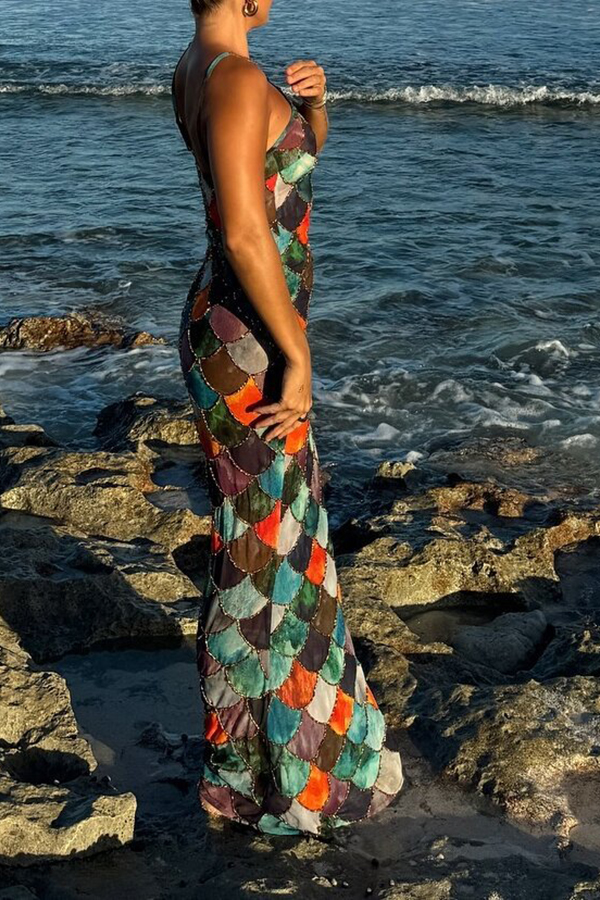 Little Mermaid Colorful Scales Print Halter Maxi Dress-consonak