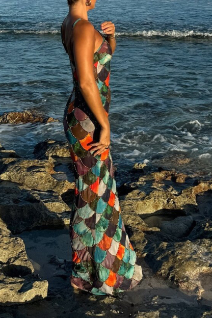 Little Mermaid Colorful Scales Print Halter Maxi Dress-consonak