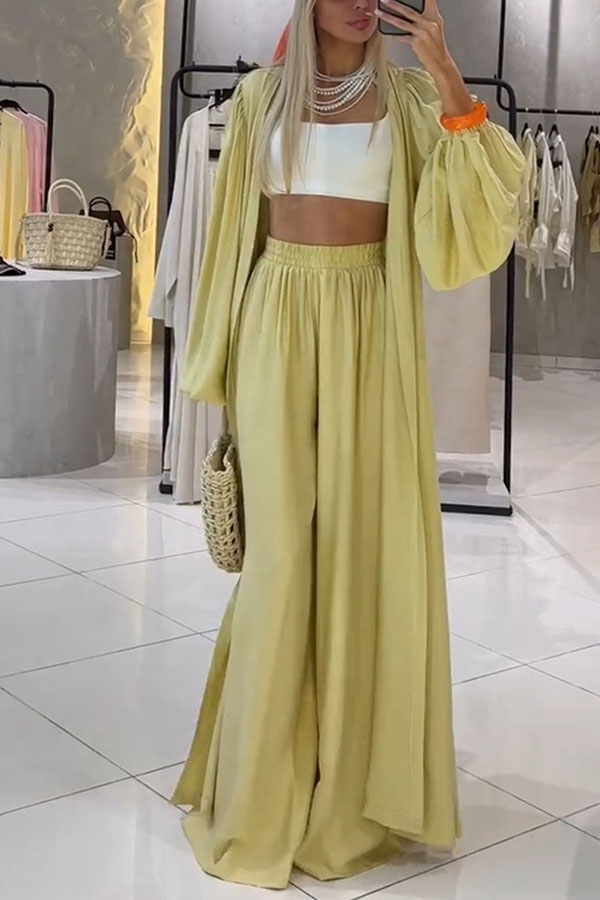 Beach Cottage Open Front Long Pleated Lantern Sleeve Long Cover-up Jacket-consonak