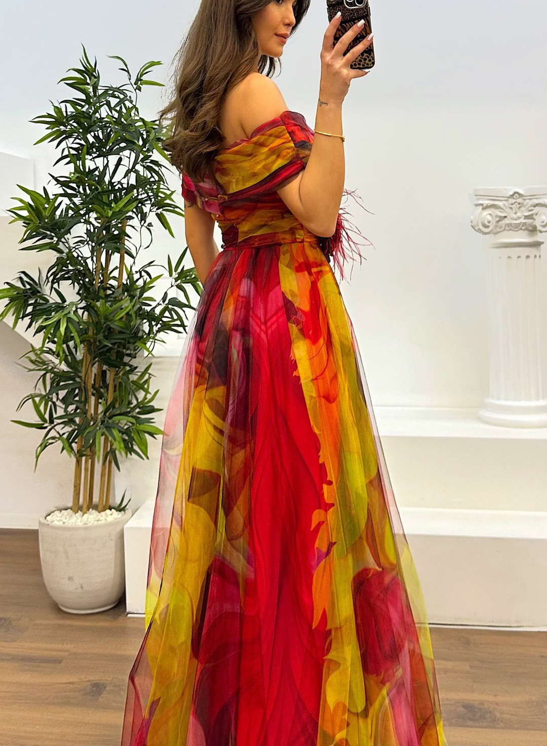 Fairy Flower Feather Pendant Elegant Fallen Fold Off Shoulder Party Split Design Long Dress-consonak