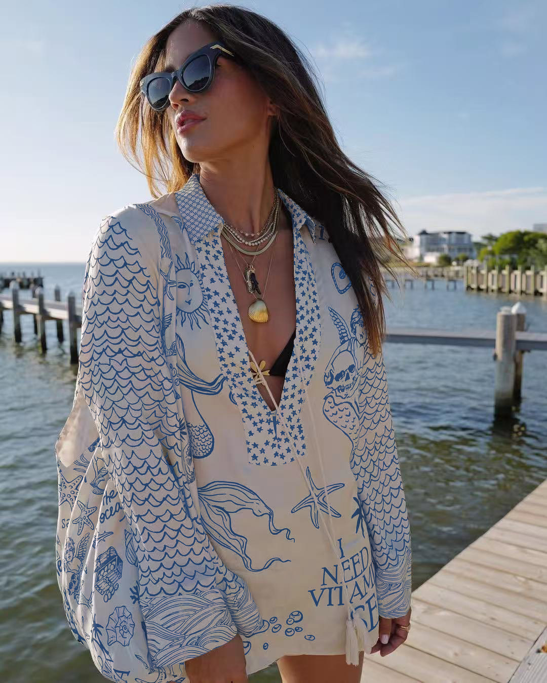 Ladies' Wealthy Satin Unique Printed Tassel Shirt and Elastic Waist Shorts Set | Consonak