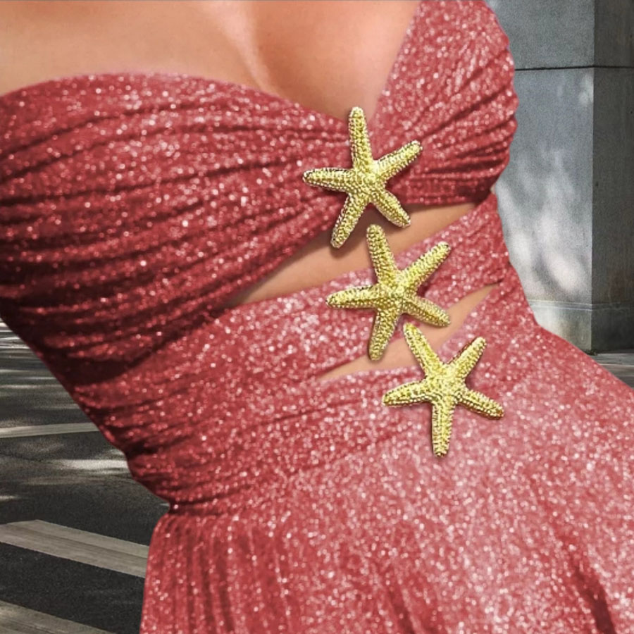 Little Mermaid Glitter Fabric Metal Starfish Hollow Layered Stretch One-piece Swimsuit-consonak