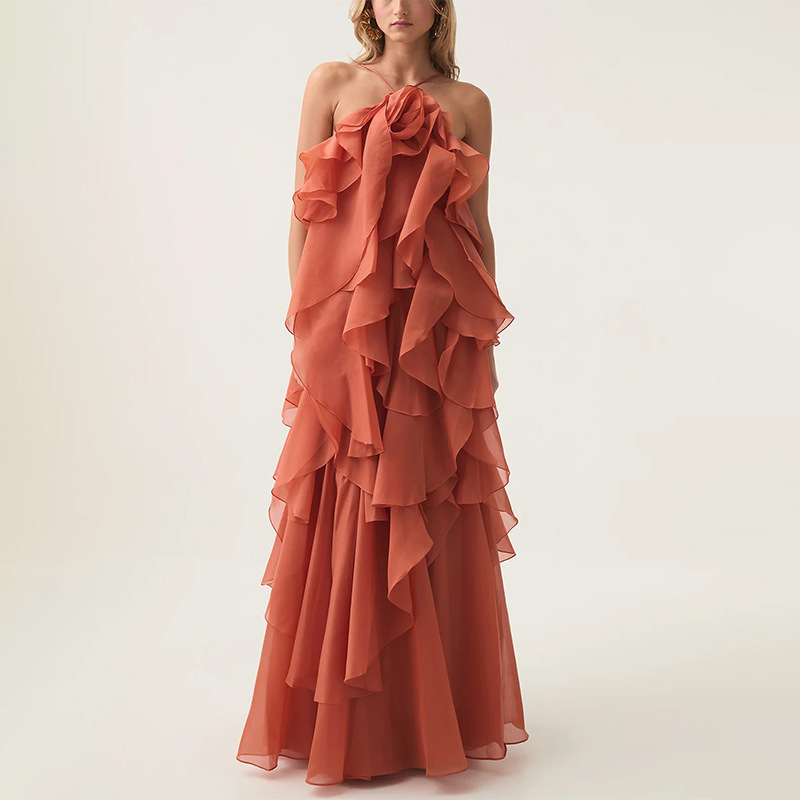 Free - Flowing Rose Detail Tiered Ruffles Halter A-line Maxi Dress-consonak