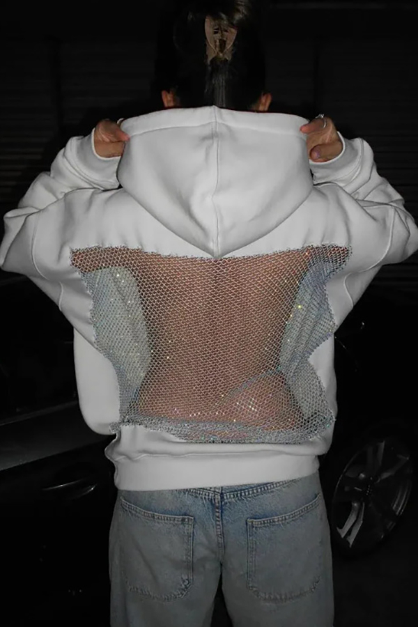 Fashionable Shiny Mesh Hollow Back Loose Long-sleeved Hooded Sweatshirt-consonak