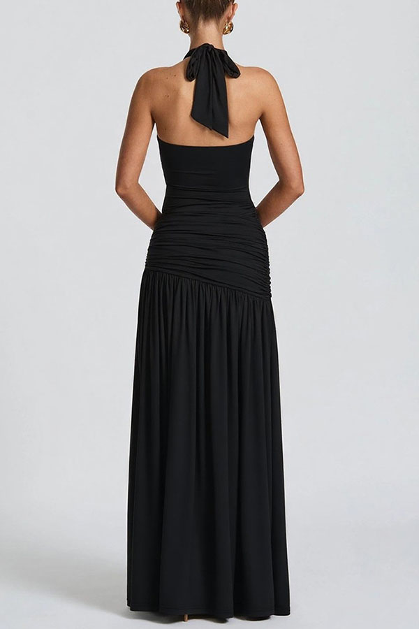 Solid Color Halter Neck Backless Slim Fit Pleated Slit Maxi Dress | Consonak