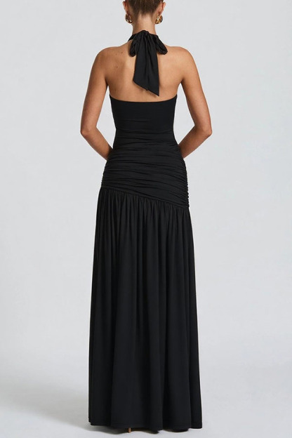 Solid Color Halter Neck Backless Slim Fit Pleated Slit Maxi Dress-consonak