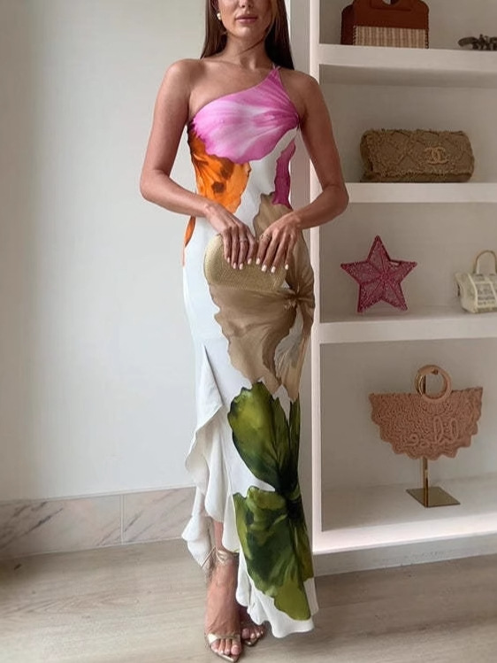 Ladies' Fashion Design Flower Printed Elegant Single Shoulder Side Ruffle Long Dress | Consonak