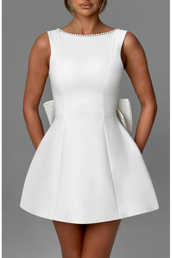 Stylish Pearl-embellished Large Bow Slim-fit Mini Dress-consonak