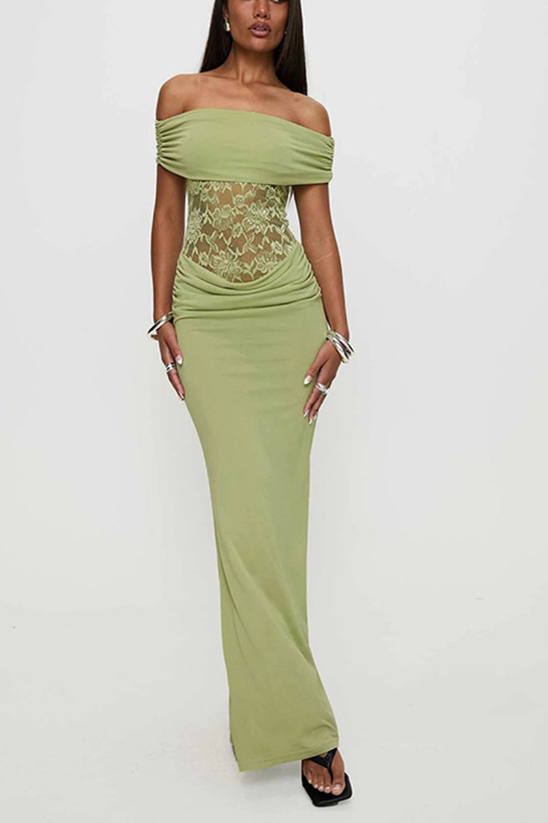 Women's Spring/Summer New Solid Color Off Shoulder Splicing Lace Extra Long Slimming Dress-consonak