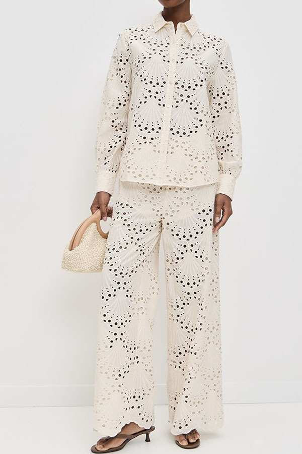 Lillah Embroidered Lace Shell Pattern Elastic Waist Pocket Wide Leg Pants-consonak