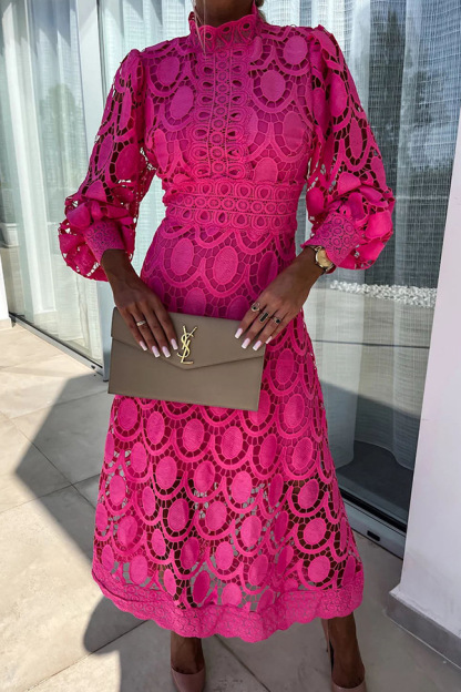 French party sensual party elegant crochet lace lantern sleeves party MIDI skirt -consonak