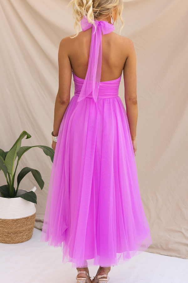 Fairy Vibes Tulle Gathered Detail Halter Maxi Dress-consonak