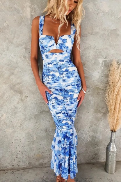Styled To Perfection Floral Ruched Mesh Overlay Ruffle Hem Maxi Dress-consonak