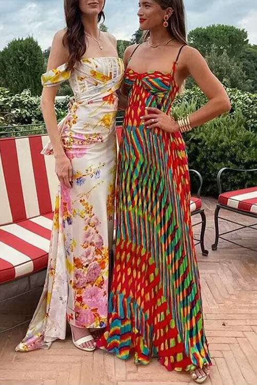 Spaghetti Strap Contrast Print Swing Maxi Vacation Dress-consonak