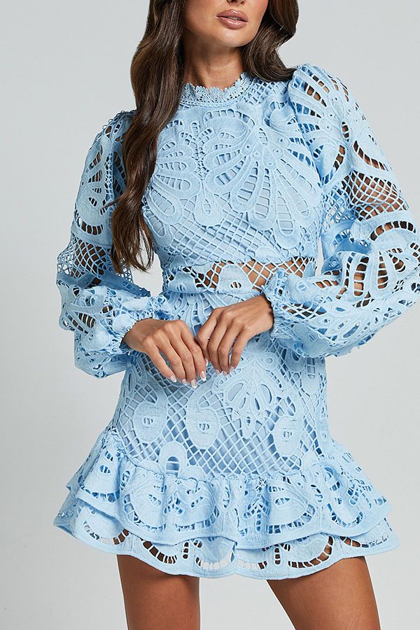 Solid Color Hollow Long-sleeved Waisted Lace Mini Dress | Consonak