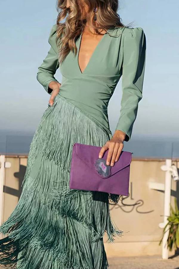 Solid Color V-Neck Long Sleeve Elegant Tassel Maxi Dress-consonak