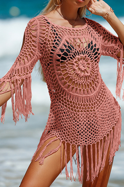 Unique Pattern Knitted Cutout Crew Neck Short Sleeved Cover Up-consonak