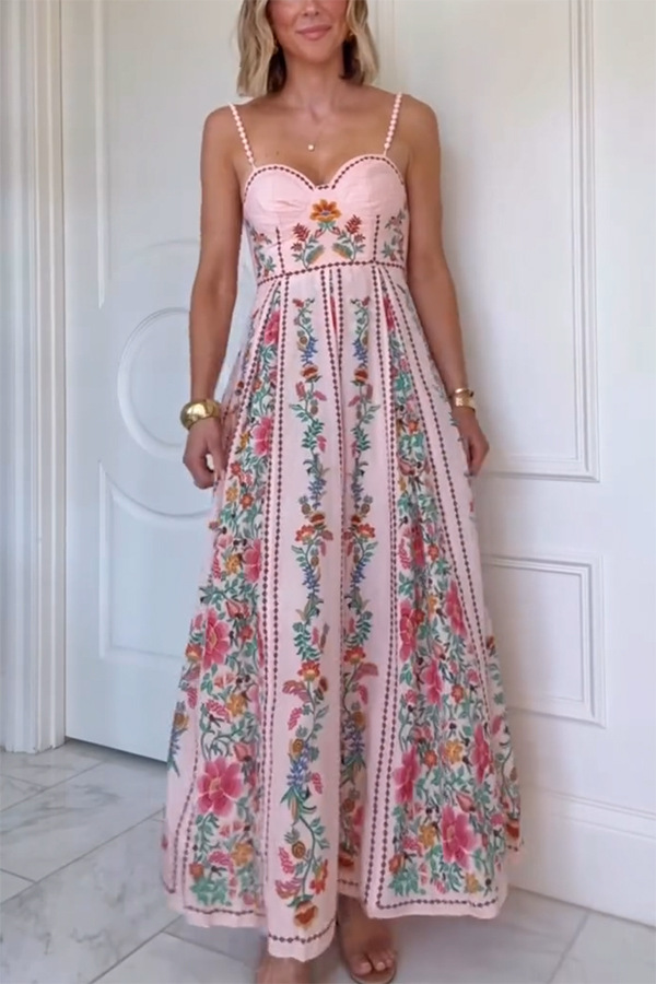 Linen Blend Delicate Forest Unique Print Sweetheart Neck Beaded Straps Maxi Dress | Consonak