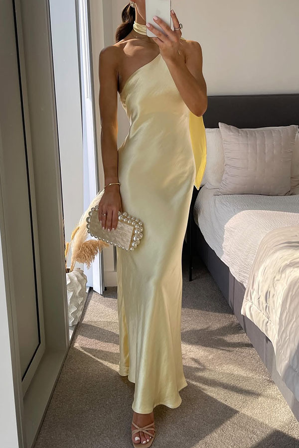 Milk white sexy party dress elegant satin one shoulder scarf long skirt | Consonak
