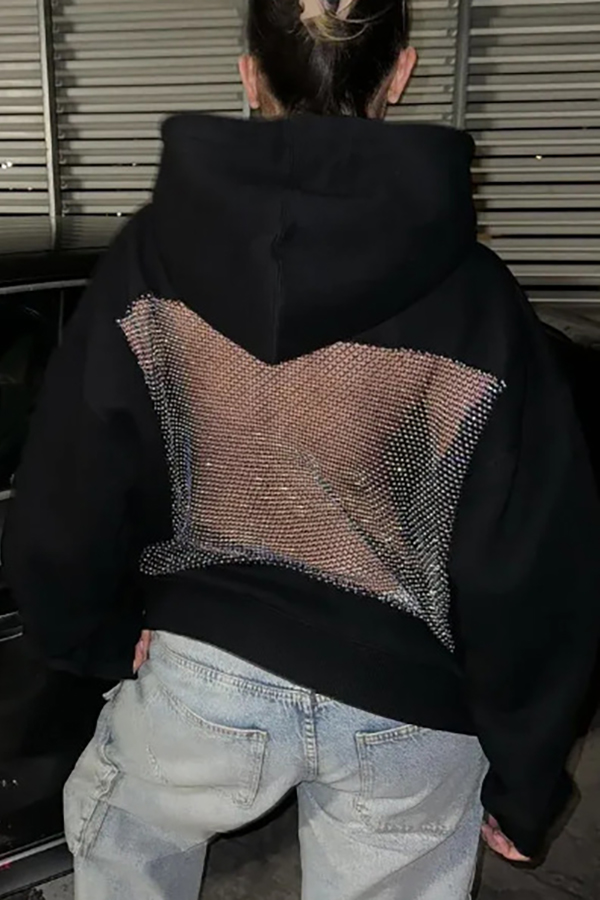 Fashionable Shiny Mesh Hollow Back Loose Long-sleeved Hooded Sweatshirt-consonak