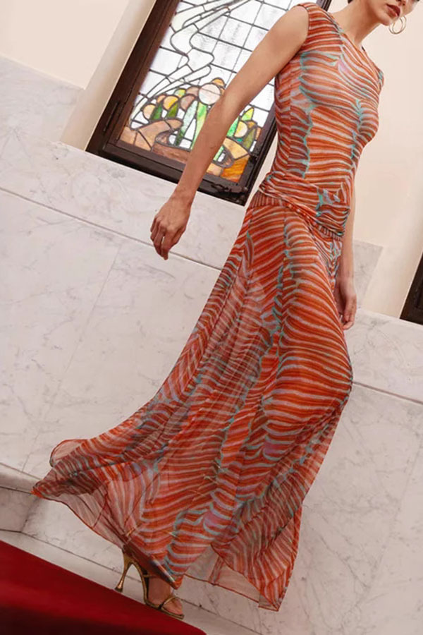Bella Stretch Mesh Unique Print Bodysuit and High Rise Elastic Waist Maxi Skirt Set | Consonak