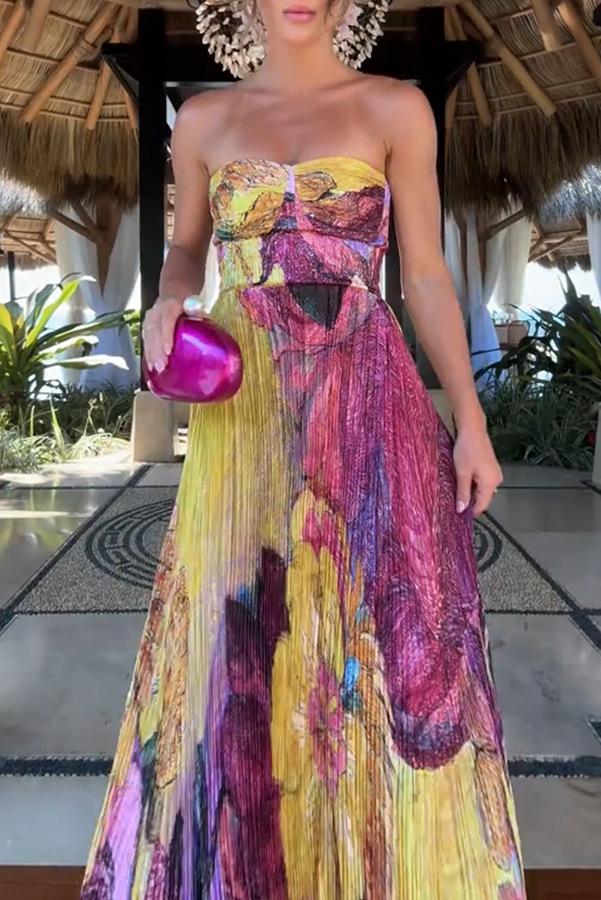 Vibrant and Bold Floral Print Sweetheart Neck Pleated Maxi Dress-consonak