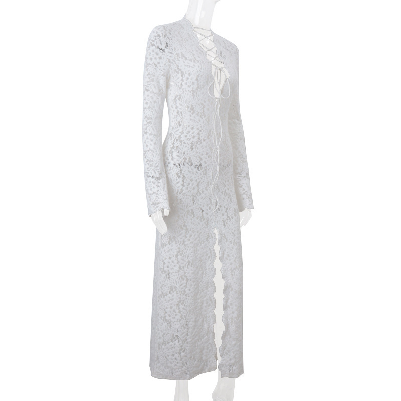 Garcelle Floral Lace Lace-up Long Bell Sleeve Slit Midi Dress-consonak