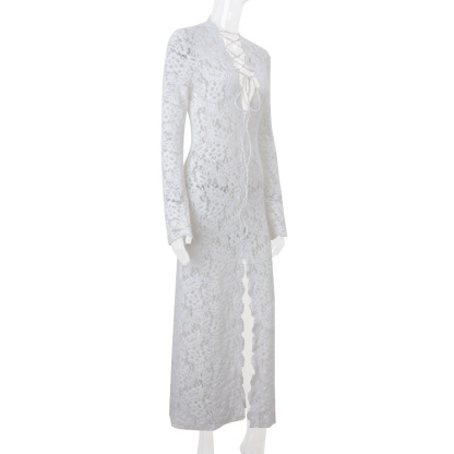 Garcelle Floral Lace Lace-up Long Bell Sleeve Slit Midi Dress-consonak