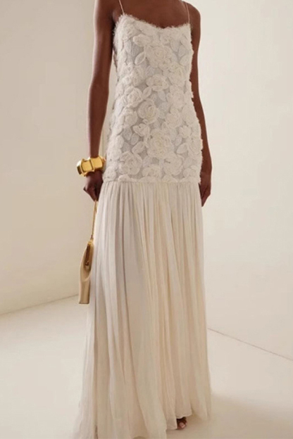 Indulge in Floral Applique Pleated Chiffon Hem Slip Maxi Dress-consonak