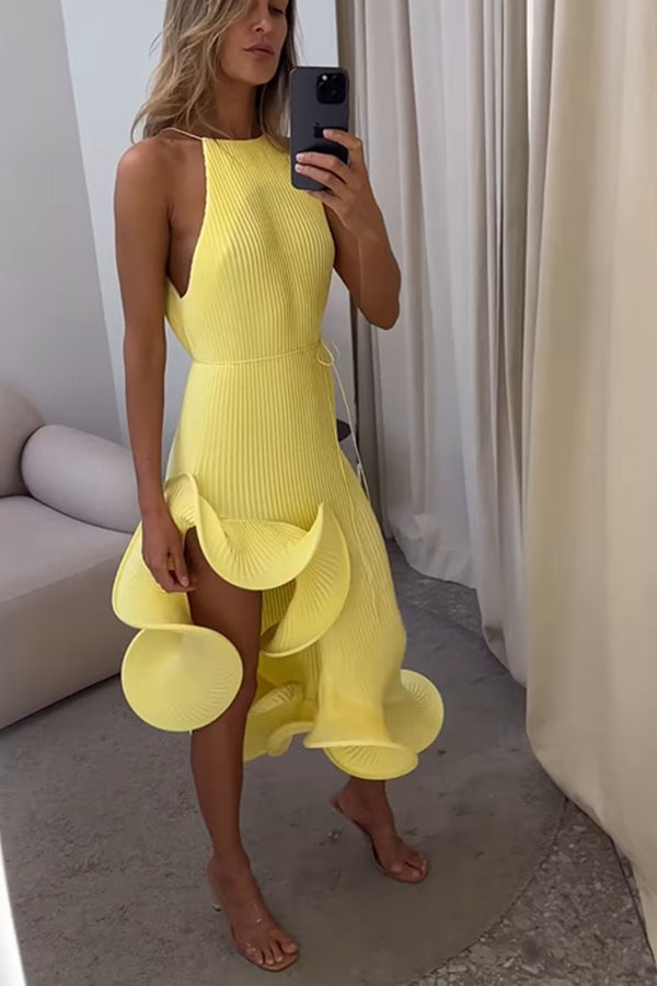 Solid Color Sleeveless Waist Tie Irregular Ruffle Slim Midi Dress-consonak