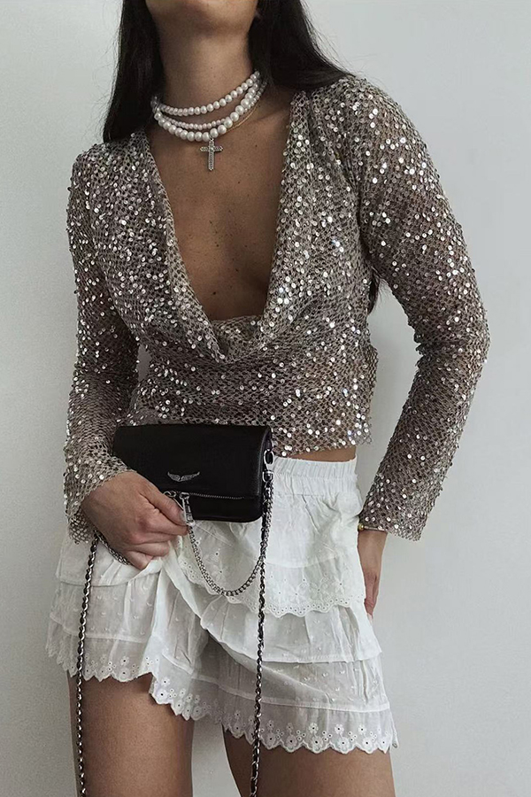 Fashionable Sequined Fishnet Casual Long-sleeved Top