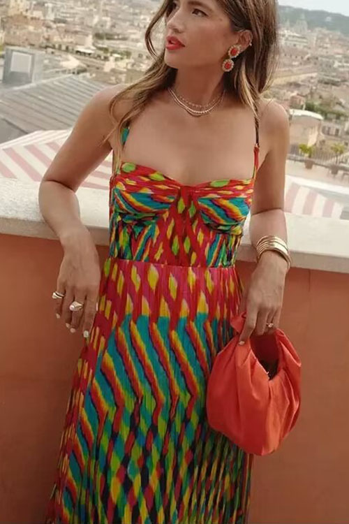 Spaghetti Strap Contrast Print Swing Maxi Vacation Dress-consonak