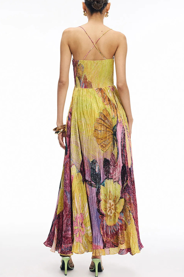 Vibrant and Bold Floral Print Sweetheart Neck Pleated Maxi Dress-consonak