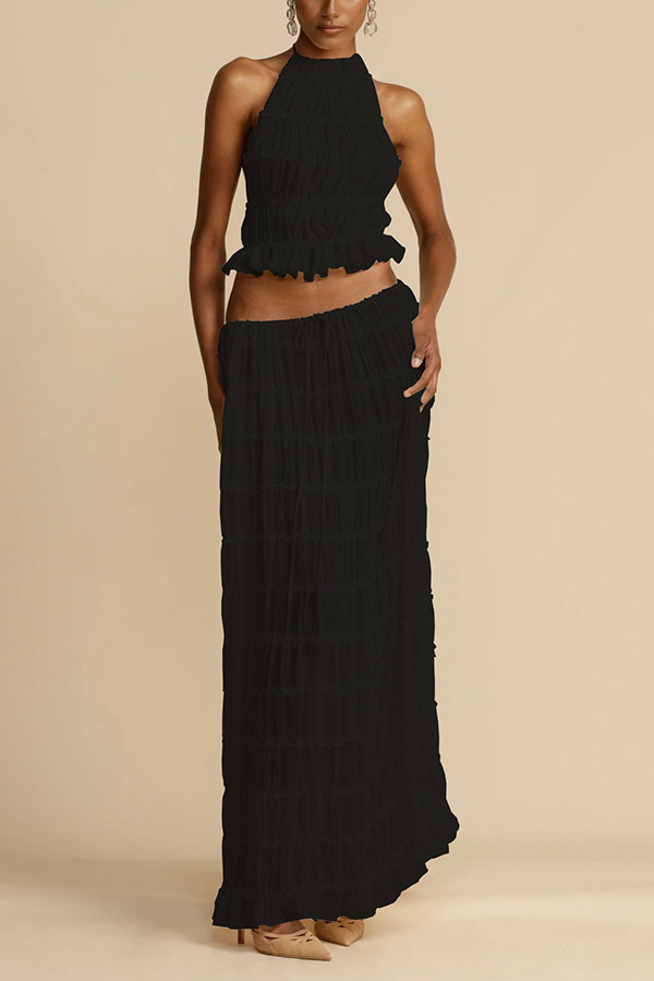 Versatility and Vintage Charm Pleated Drawstring Waist Tiered Maxi Skirt-consonak