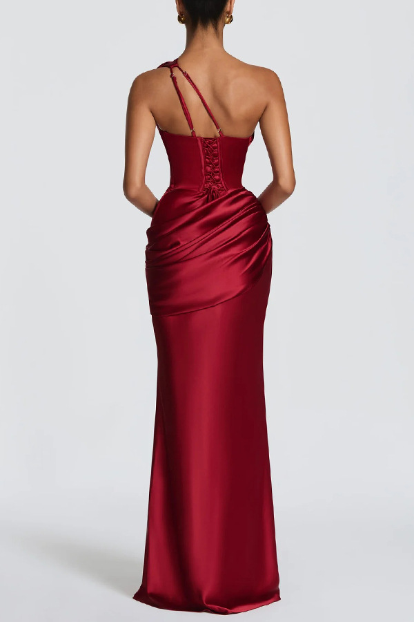 Emina Satin One Shoulder Asymmetrical Neck Cutout Back Lace-up Drape Maxi Dress