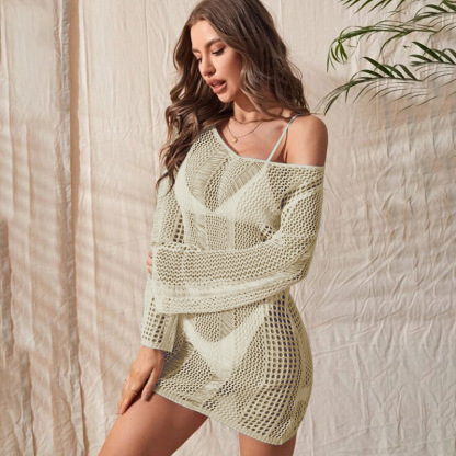 Attractive Knitted Cutout V Neck Tie Back Long Sleeve Sun Cover Up-consonak