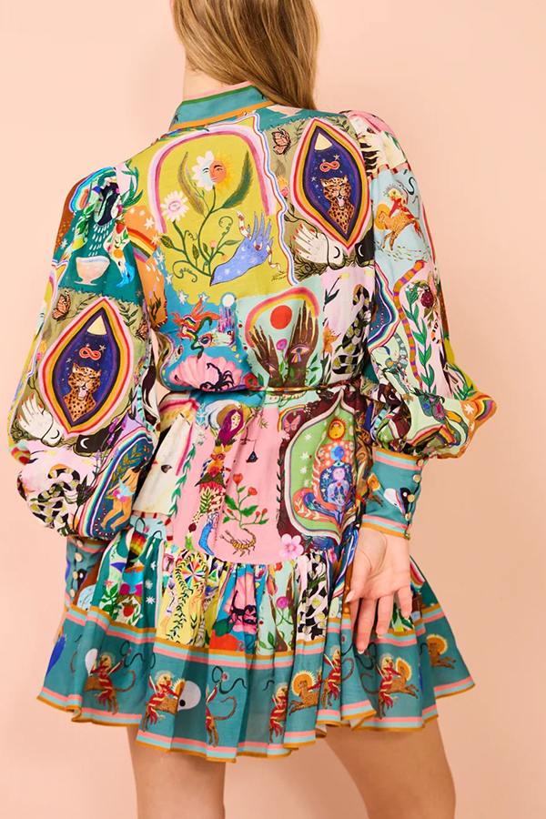 Touch of Luxury Unique Print Balloon Sleeve Button Shirt Mini Dress-consonak