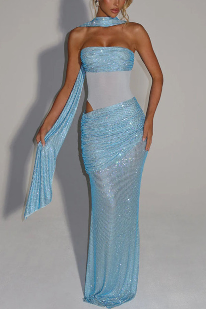 Kailani Sequin Strapless Mesh Cutout Waist Ruched Scarf Maxi Dress-consonak