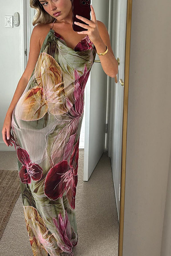 Floral Print Sexy Backless Slit See-Through Holiday Maxi Dress-consonak