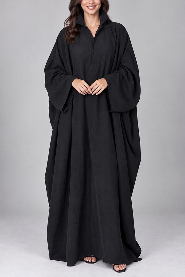 Women Navy Blue Oversized Kaftan Maxi Dress Stand Collar Long Sleeve Flowy Robe
