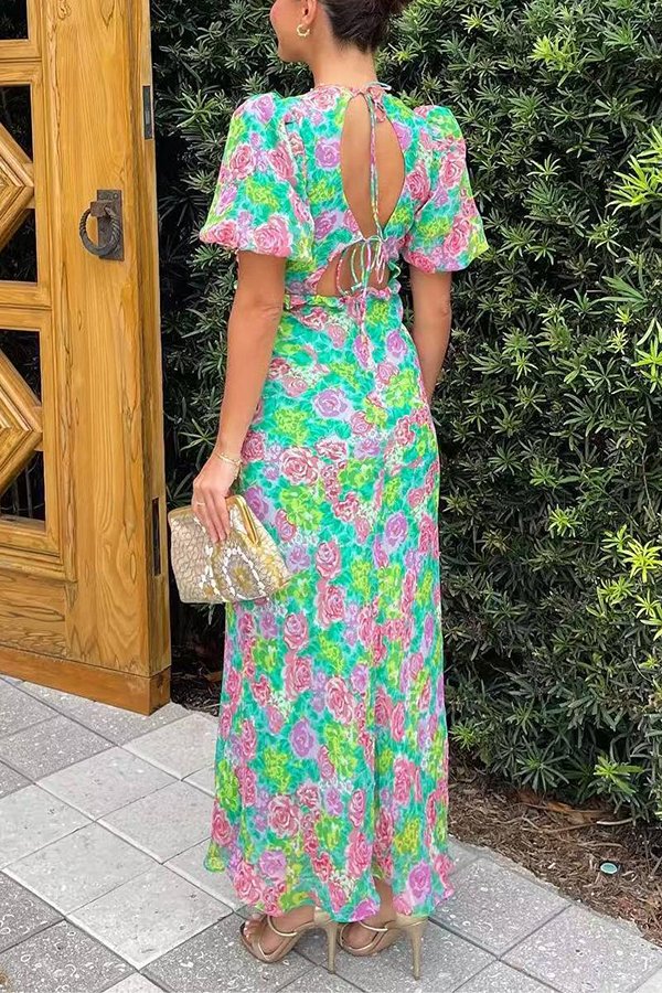 Floral Print V-neck Puff Sleeve Open-back Maxi Dress-consonak