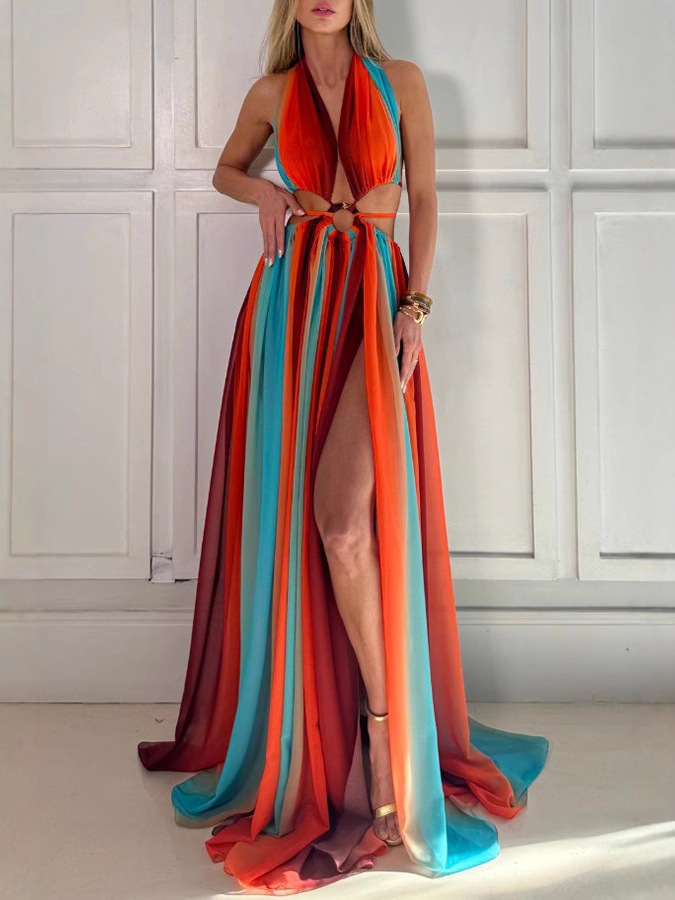 Colorful lucky chiffon printed ring with hollowed out design, slit holiday dress-consonak