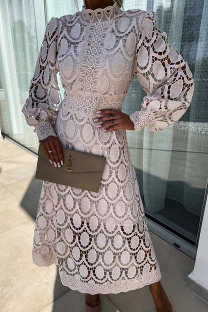 French party sensual party elegant crochet lace lantern sleeves party MIDI skirt -consonak