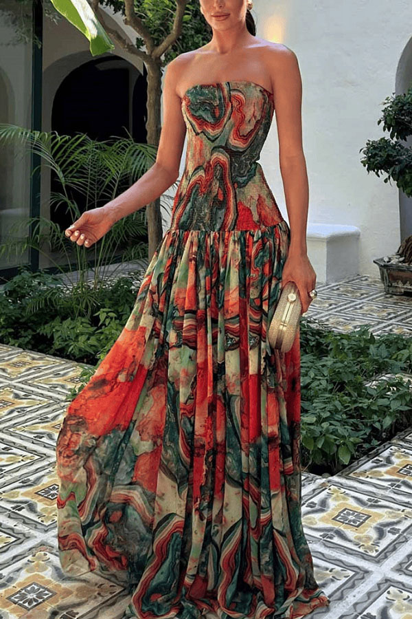 Vacay Vibes Colorful Lava Print Off Shoulder Smocked Scarf Maxi Dress | Consonak