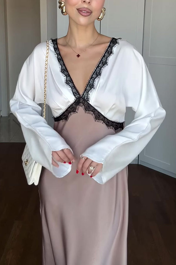 Lainei Contrast Color Satin Lace Trim V-neck Long Sleeve Maxi Dress-consonak