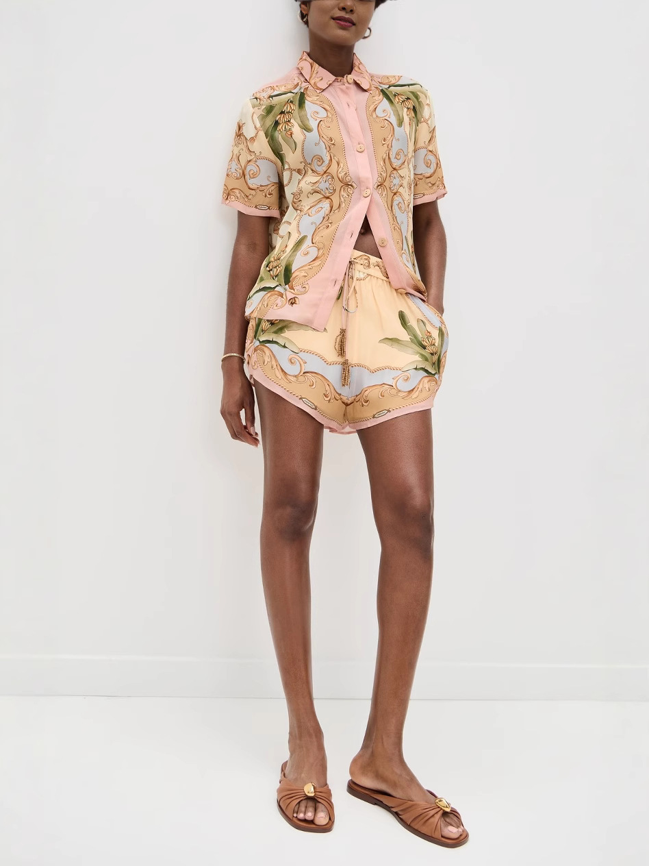 Royalty Unique Print Button Up Short Sleeve Shirt and Elastic Waist Pocketed Loose Shorts Set-consonak