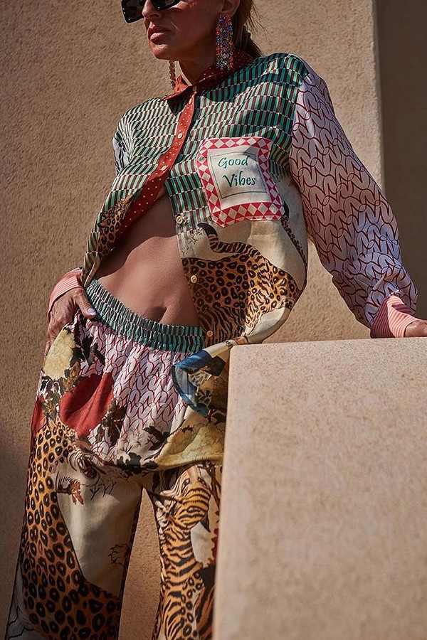 Tropical Jungle Tiger Unique Print Long Sleeve Loose Shirt and Elastic Waist Pants Set-consonak