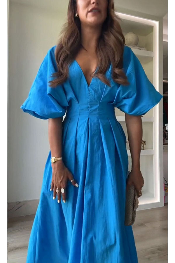 Antibes Linen Blend Princess Line Pleated Wide Puff Sleeve Midi Dress-consonak