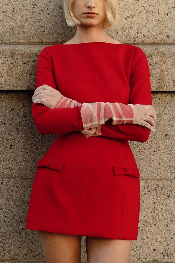 Budding Elegance Bow Detail Boat Neck Long Sleeve Mini Dress-consonak